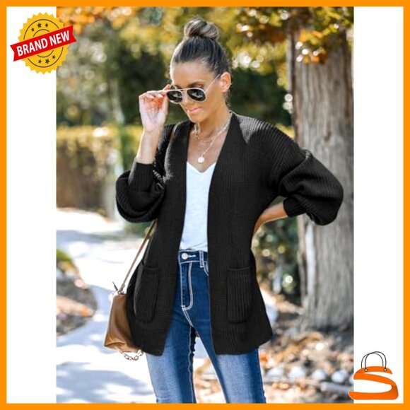 Chunky Knit Cardigan Oversized Lantern Sleeve Open Front Sweater with Pockets - Picture 5 of 7